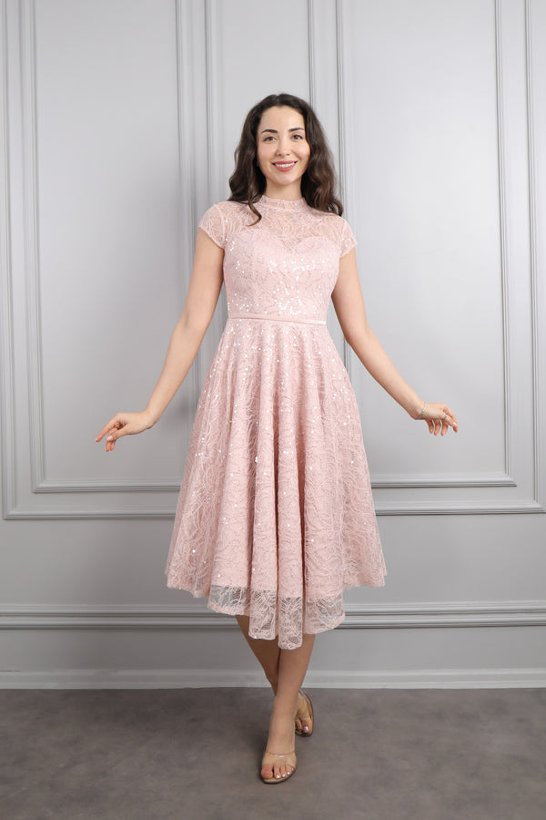 Hakim Yaka Üstü Transparan Simli Kısa Abiye Pudra