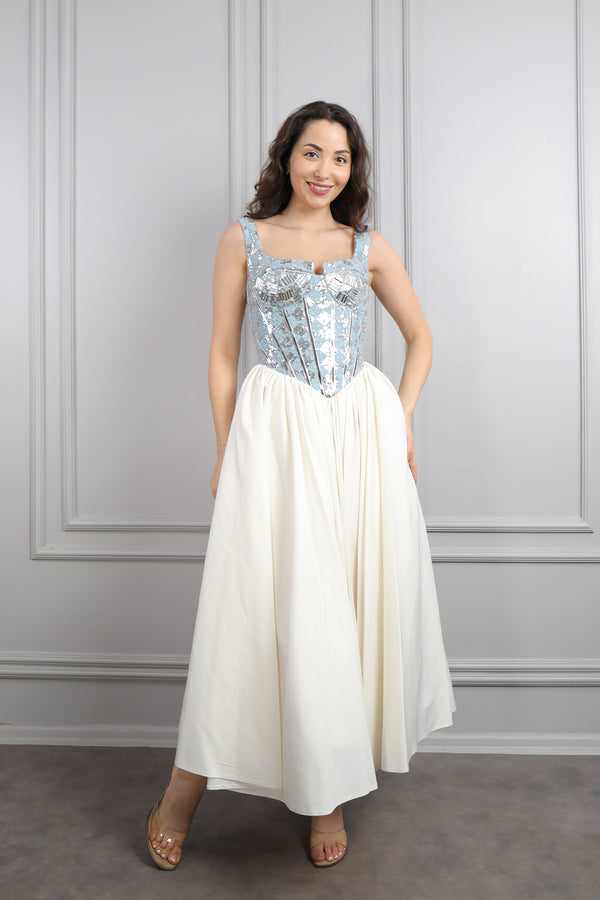 Kare Yaka Payet İşlemeli Abiye Ekru