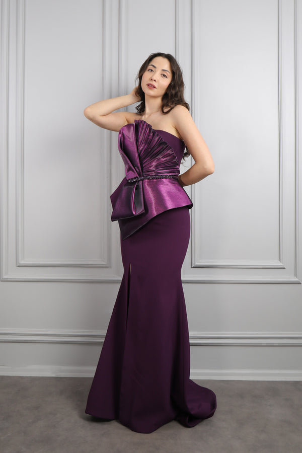 Straplez Önü Fiyonk Görünümlü Beli Boncuk İşlemeli Büyük Beden Abiye Mürdüm