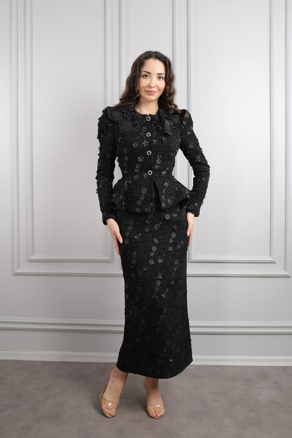 Bebe Yaka Çiçek Detaylı Tüvit Etek Takım Siyah