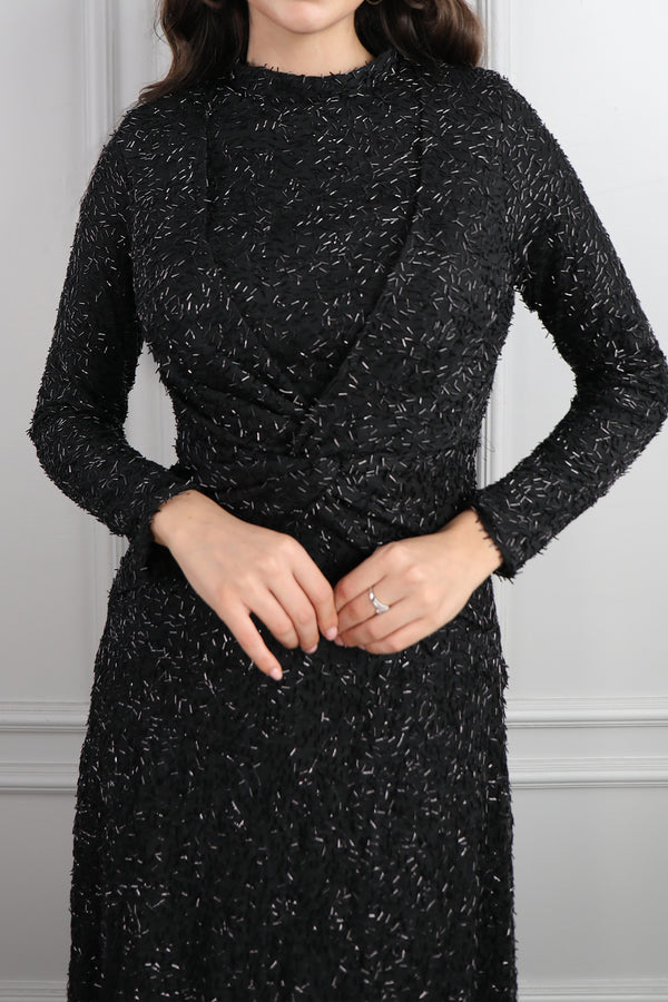 Hakim Yaka Beli Düğüm Detaylı Boncuk İşlemeli Tesettür Büyük Beden Abiye Siyah