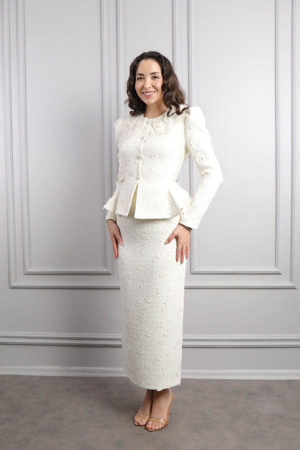 Bebe Yaka Çiçek Detaylı Tüvit Etek Takım Ekru