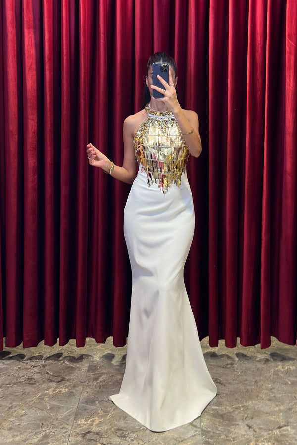 Halter Yaka Önü Gold Detaylı Abiye Ekru