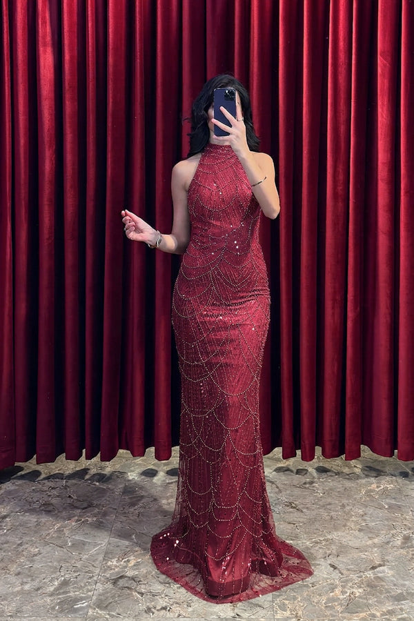 Halter Yaka Payet Ve Boncuk İşlemeli Abiye Bordo