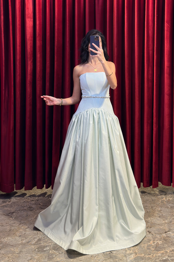Straplez Kristal Taş İşlemeli Bolero Detaylı Kabarık Abiye Mint