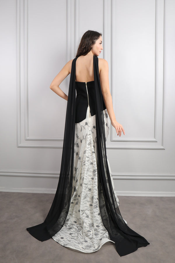 Straplez Fular Detaylı Dantelli Etek Takım Siyah-Kemik