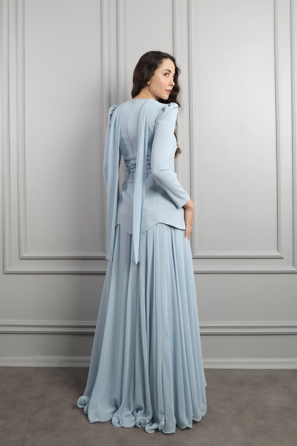 Kare Yaka Boncuk İşlemeli Fular Detaylı Şifon Etek Takım Mavi