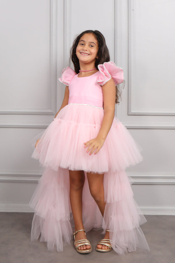 Oval Yaka Kolları Volanlı Gümüş Şerit Detaylı Pelerinli Çocuk Abiye Pembe