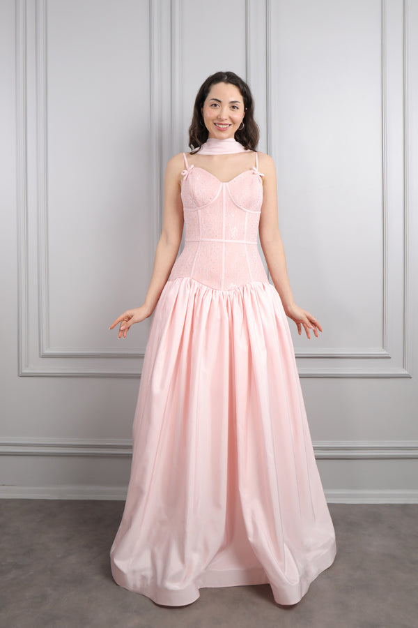 İnce Askılı Korse Görünümlü Fular Detaylı Abiye Pembe