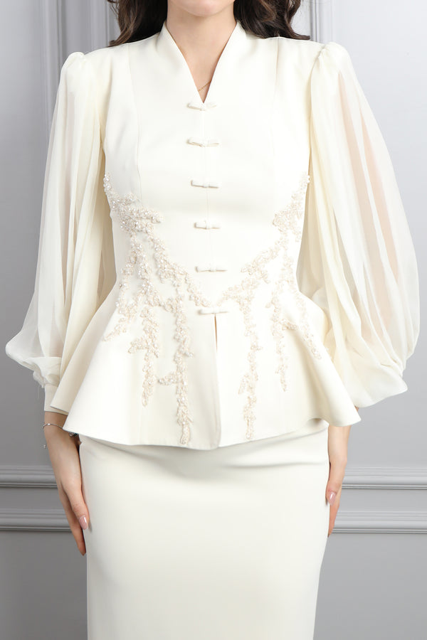 Önü Kurdele Detaylı Boncuk İşlemeli Etek Takım Ekru