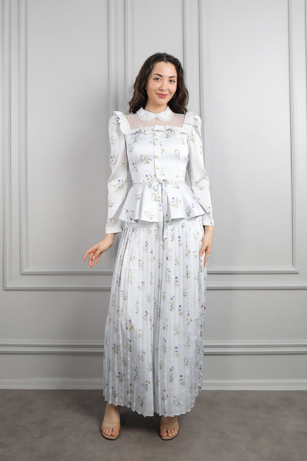 Yakası Transparan Beli Fiyonk Detaylı Desenli Saten Pileli Etek Takım Mavi