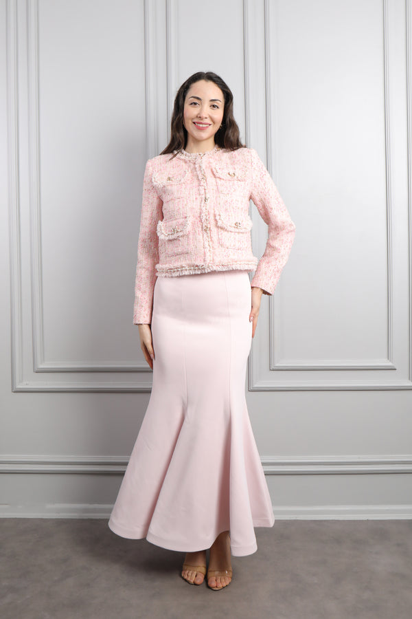 Ceketi Cep Detaylı Tüvit Etek Takım Pudra