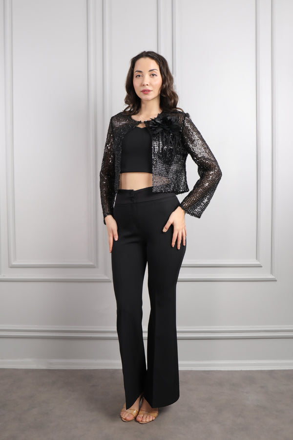 Ceketi File Görünümlü Çiçek Detaylı Üçlü Pantolon Takım Siyah