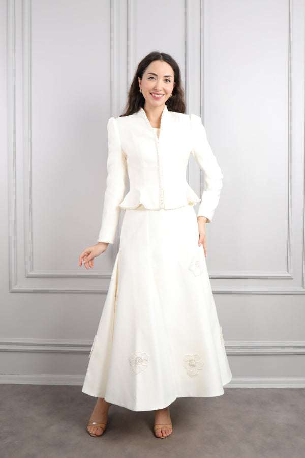 Ceketi Boncuk İşlemeli Çiçek Detaylı Elbise Takım Ekru
