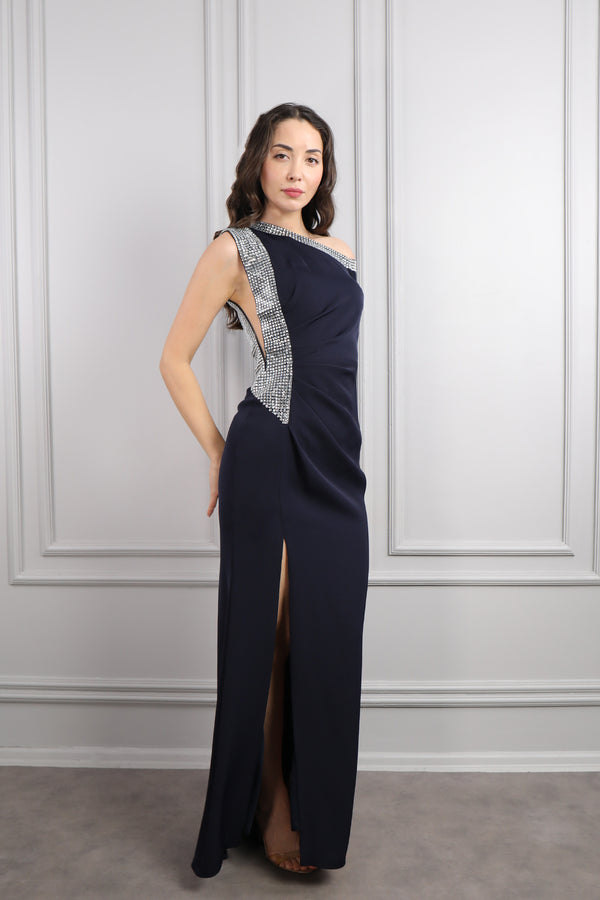 Asimetrik Yaka Tek Kollu Taş İşlemeli Yırtmaçlı Abiye Lacivert