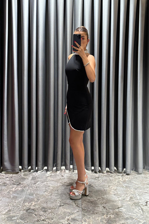 Yakası Ve Etek Kısmı Taş Detaylı Kısa Elbise Siyah