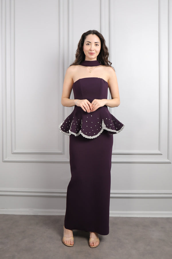 Straplez Taş İşlemeli Fular Detaylı Abiye Mor