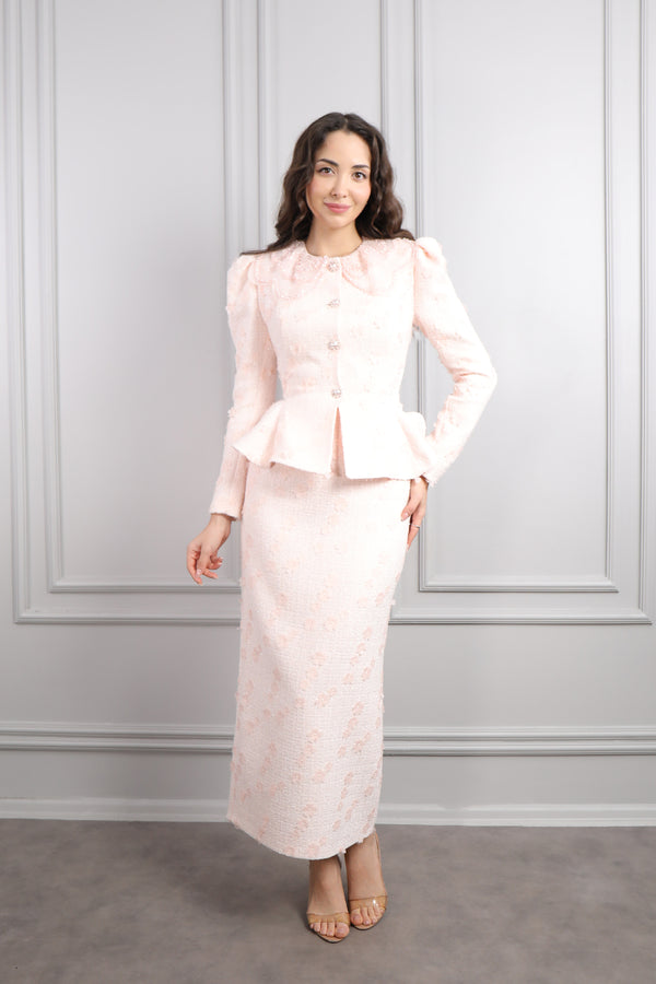 Bebe Yaka Çiçek Detaylı Tüvit Etek Takım Pudra