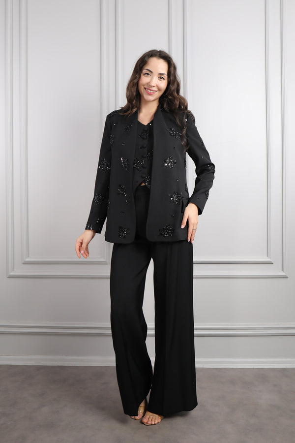 Boncuk İşlemeli Üçlü Pantolon Takım Siyah