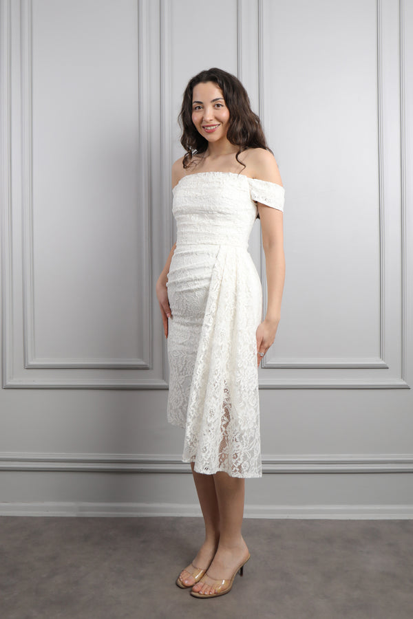 Kayık Yaka Drapeli Dantelli Kısa Boy Abiye Ekru