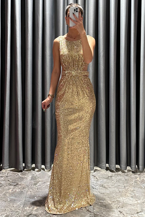 V Yaka Beli Dekolte Detaylı Payetli Elbise Gold
