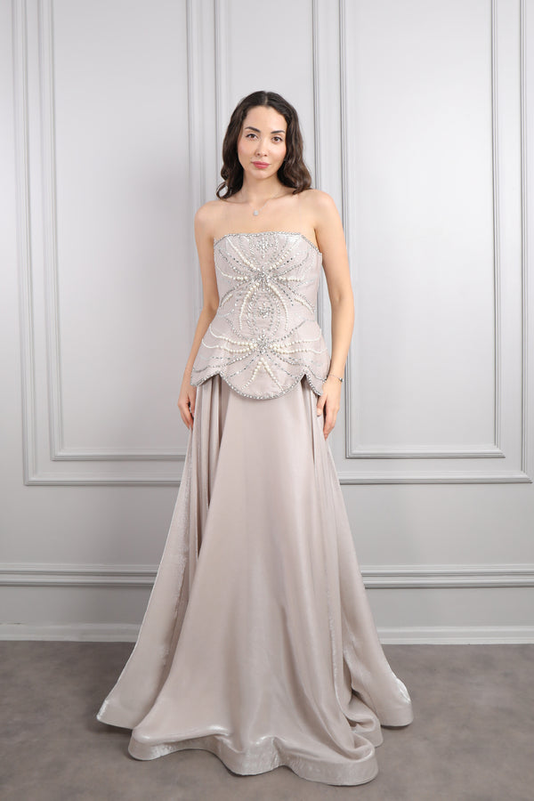 Straplez Taş Ve Boncuk İşlemeli Abiye Taş