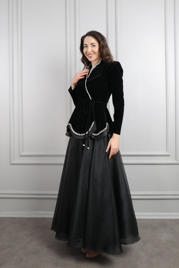 Ceketi Taş İşlemeli Kadife Etek Takım Siyah