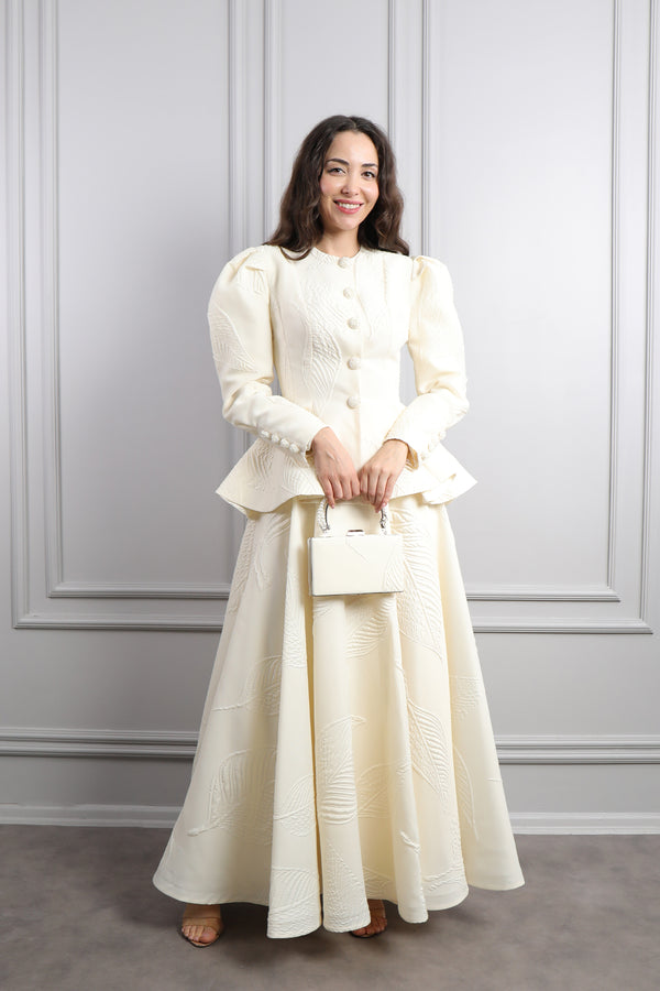 Önü Düğmeli Çanta Aksesuar Detaylı Etek Takım Ekru