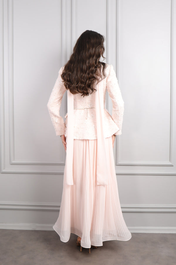 Önü Düğme Detaylı İnci Kemerli Tüvit Etek Takım Pudra