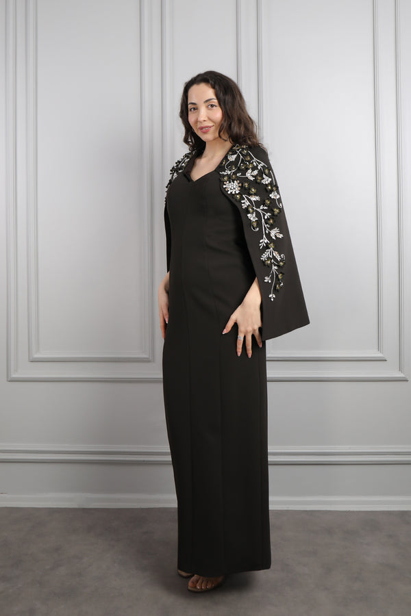 V Yaka Pelerini Taş Ve Çiçek Detaylı Büyük Beden Abiye Kahve