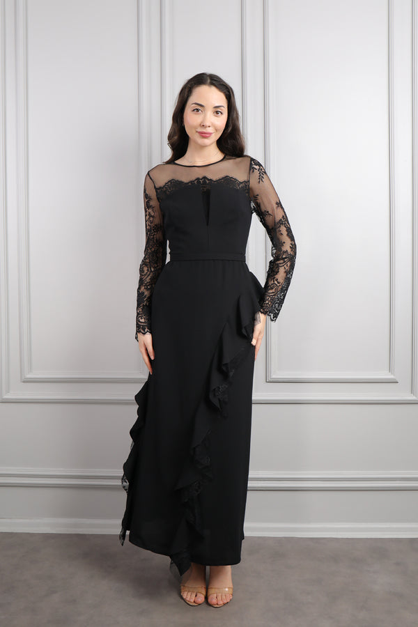 Kolları Transparan Dantel Detaylı ve Volanlı Büyük Beden Elbise Siyah
