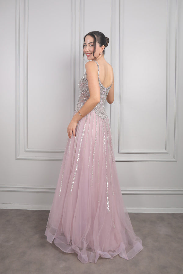 İnce Askılı Taş Ve Boncuk İşlemeli Tüllü Büyük Beden Tasarım Abiye Mor