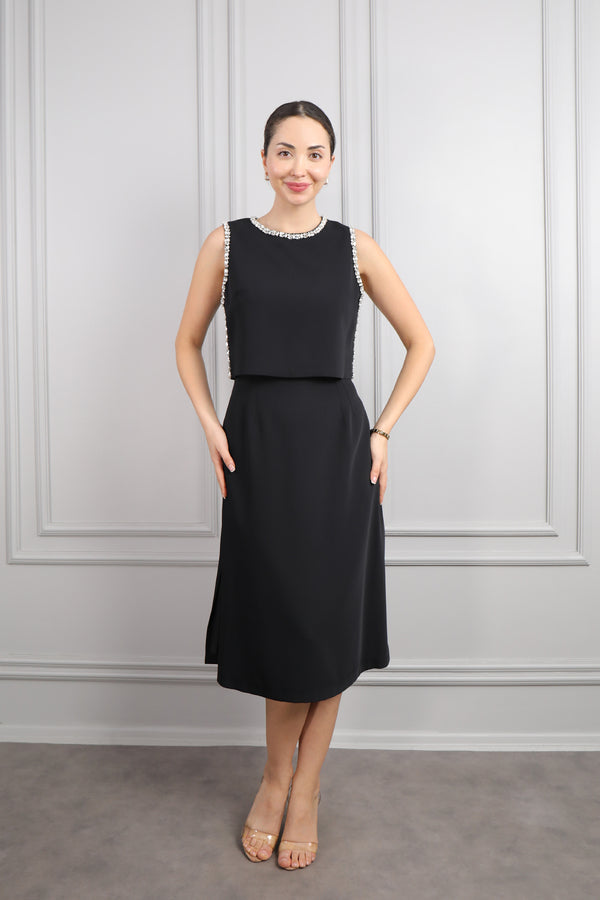 Üstü Taş Detaylı Midi Boy Elbise Takım Siyah
