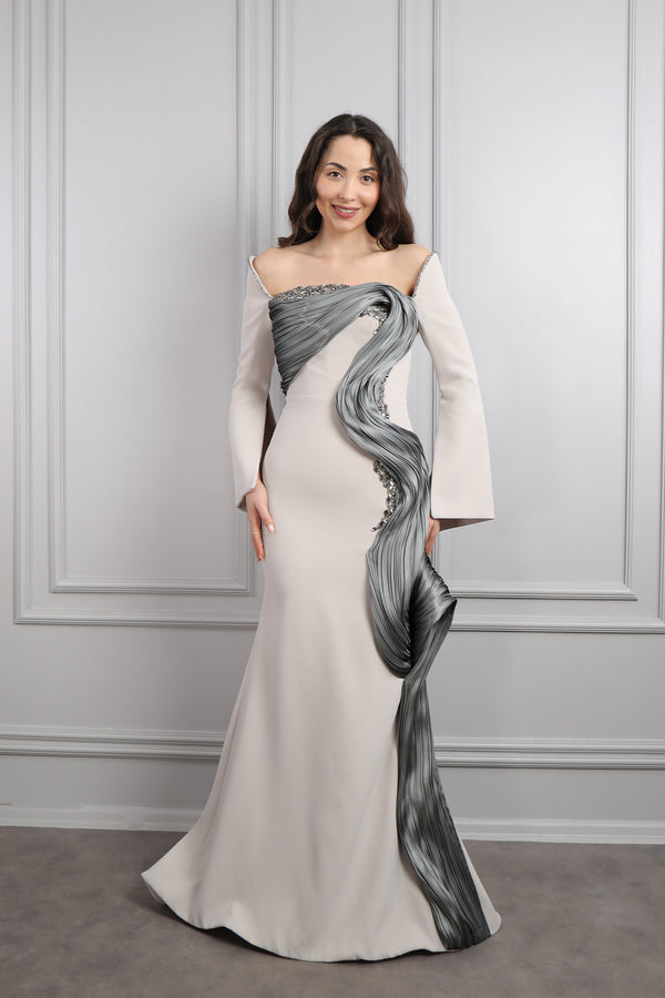 Asimetrik Yaka Boncuk İşlemeli Drapeli Büyük Beden Abiye Taş