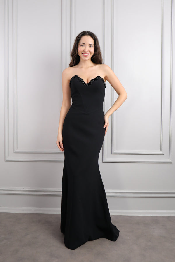 Straplez İnci İşlemeli Pelerin Detaylı Abiye Siyah