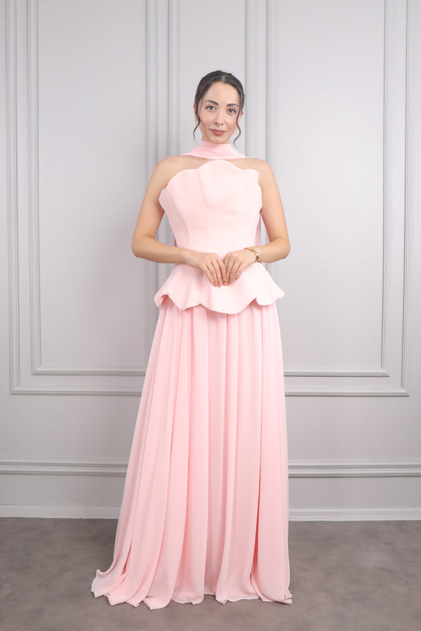 Straplez Korse Detaylı Şifon Abiye Pembe