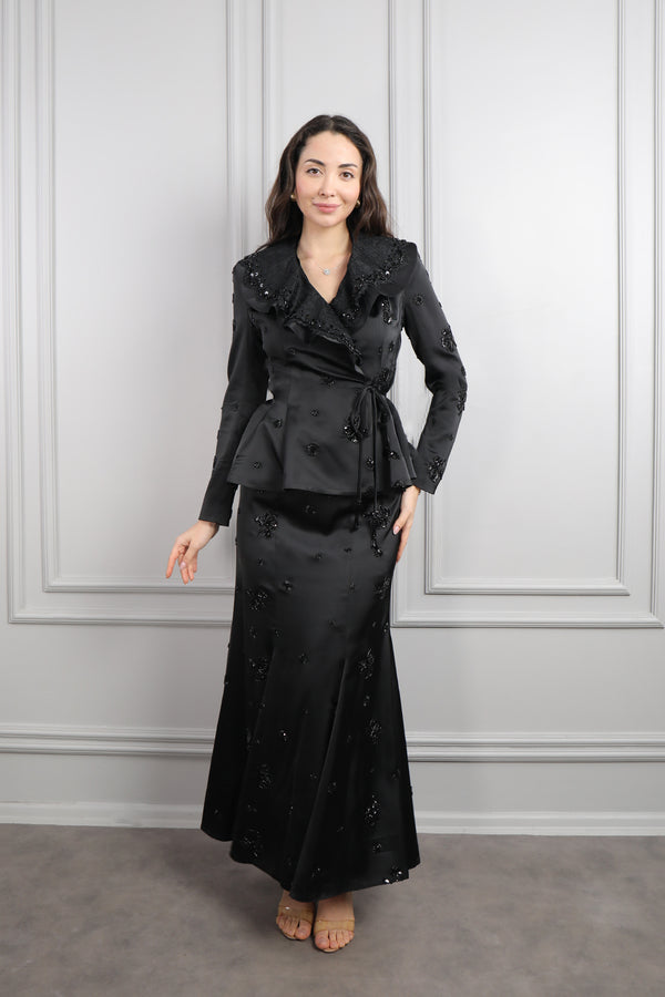 Bebe Yaka Beli Bağlamalı Boncuk İşlemeli Etek Takım Siyah