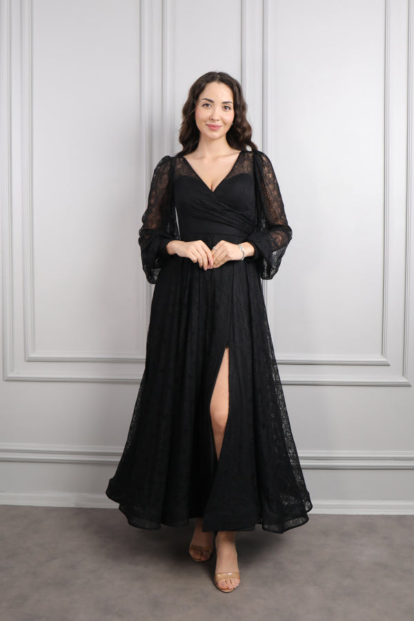 V Yaka Balon Kol Yırtmaçlı Büyük Beden Midi Boy Abiye Siyah