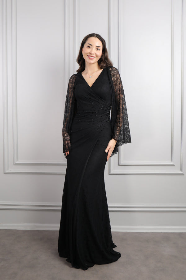 V Yaka Yarasa Kol İnci Detaylı Dantelli Büyük Beden Abiye Siyah