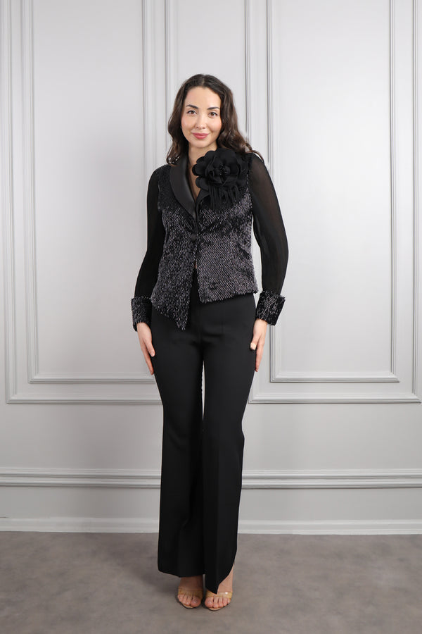 Ceketi Boncuk İşlemeli Çiçek Detaylı Asimetrik Kesim Pantolon Takım Siyah