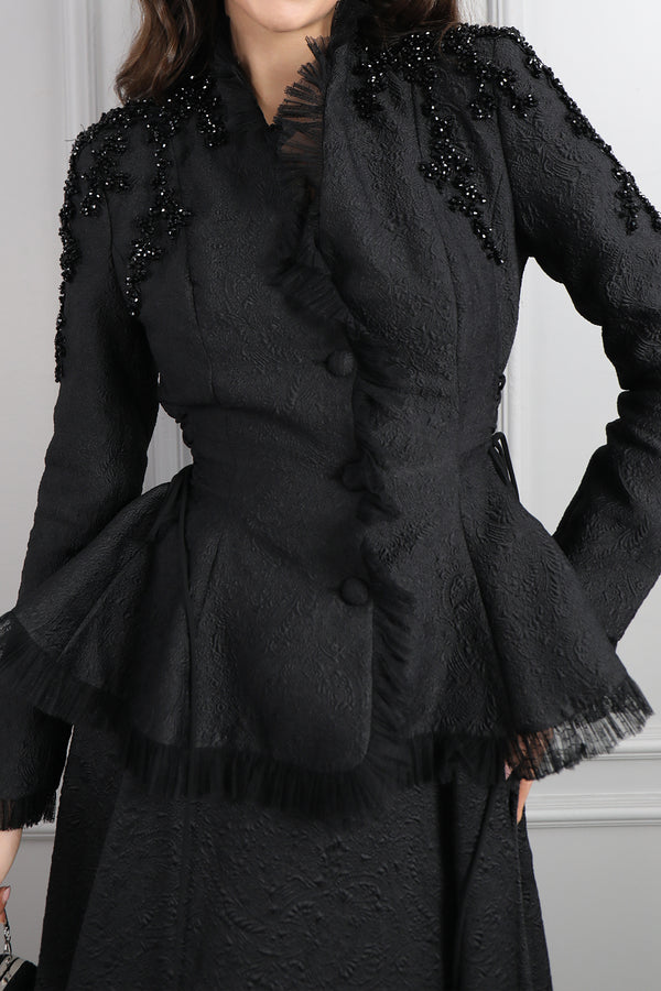 Ceketi Fırfırlı Boncuk İşlemeli Çanta Aksesuar Detaylı Etek Takım Siyah