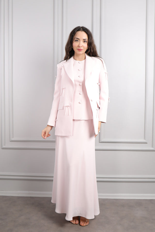 Ceketi Fiyonk Detaylı Üçlü Etek Takım Pudra