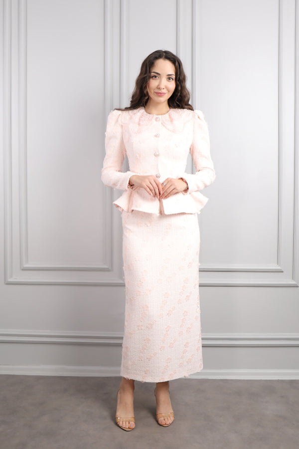 Bebe Yaka Çiçek Detaylı Tüvit Etek Takım Pudra