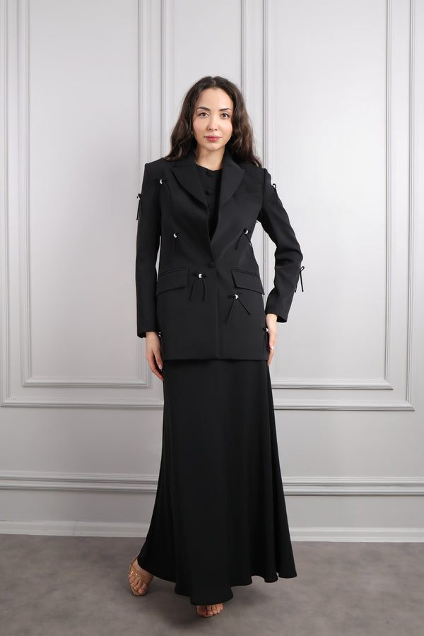 Ceketi Fiyonk Detaylı Üçlü Etek Takım Siyah