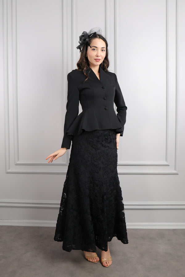 Ceketi Bağlamalı Çanta Ve Saç Aksesuar Detaylı Çiçekli Etek Takım Siyah