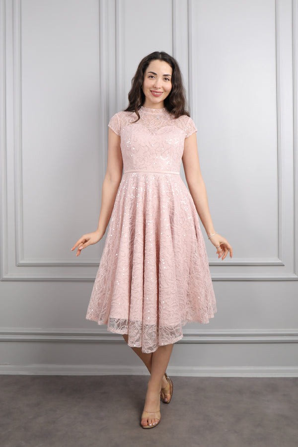 Hakim Yaka Üstü Transparan Simli Kısa Abiye Pudra