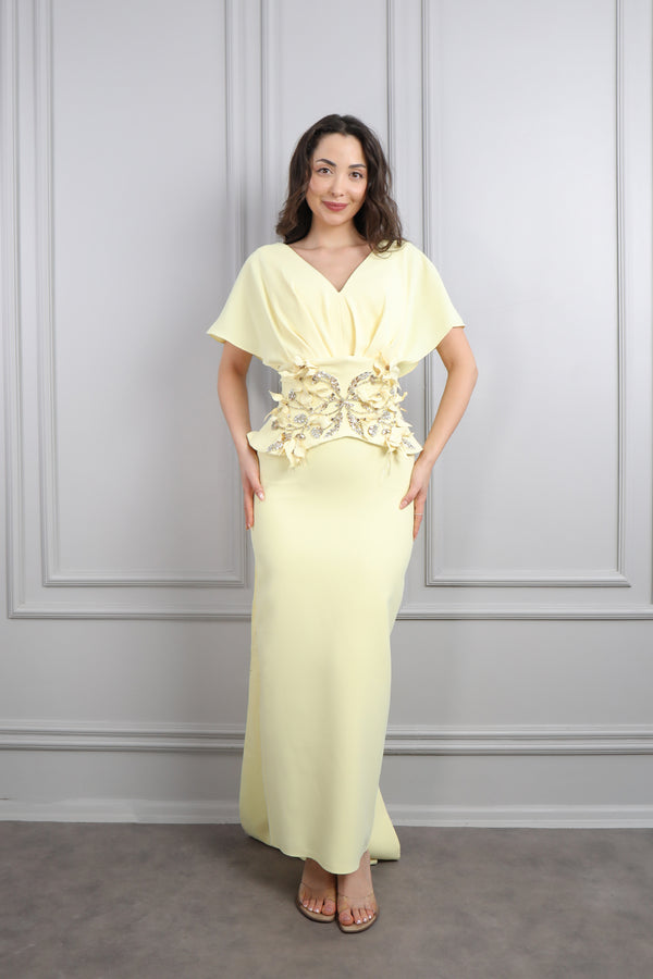 Yarasa Kol Taş İşlemeli Korsesi Pelerin Detaylı Abiye Sarı