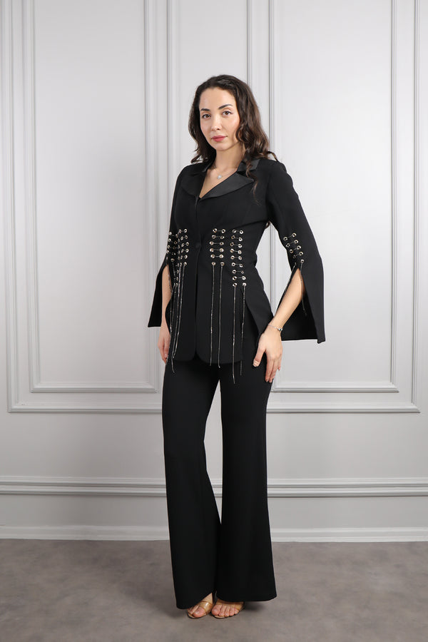 Ceketi Metal Bağlama Detaylı Pantolon Takım Siyah