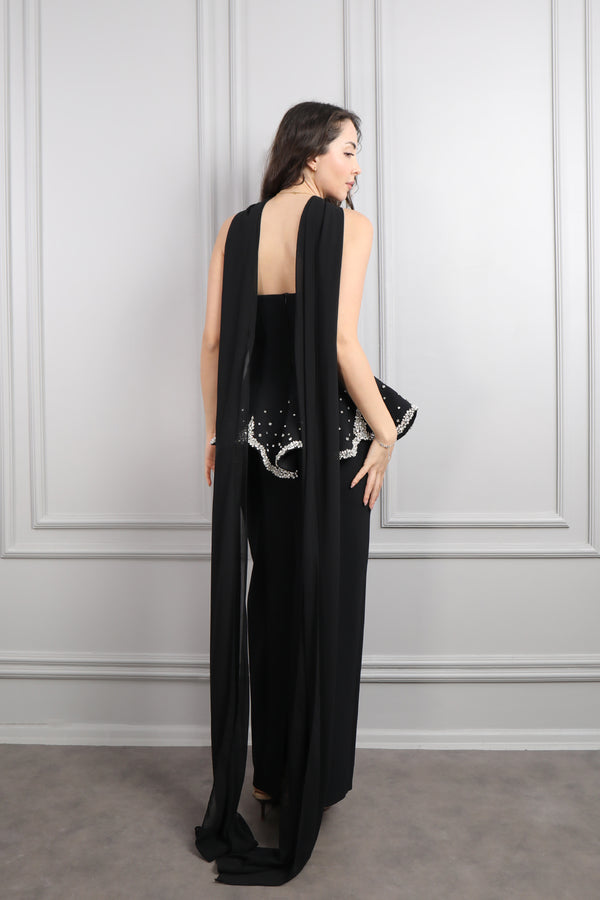 Straplez Taş İşlemeli Fular Detaylı Abiye Siyah