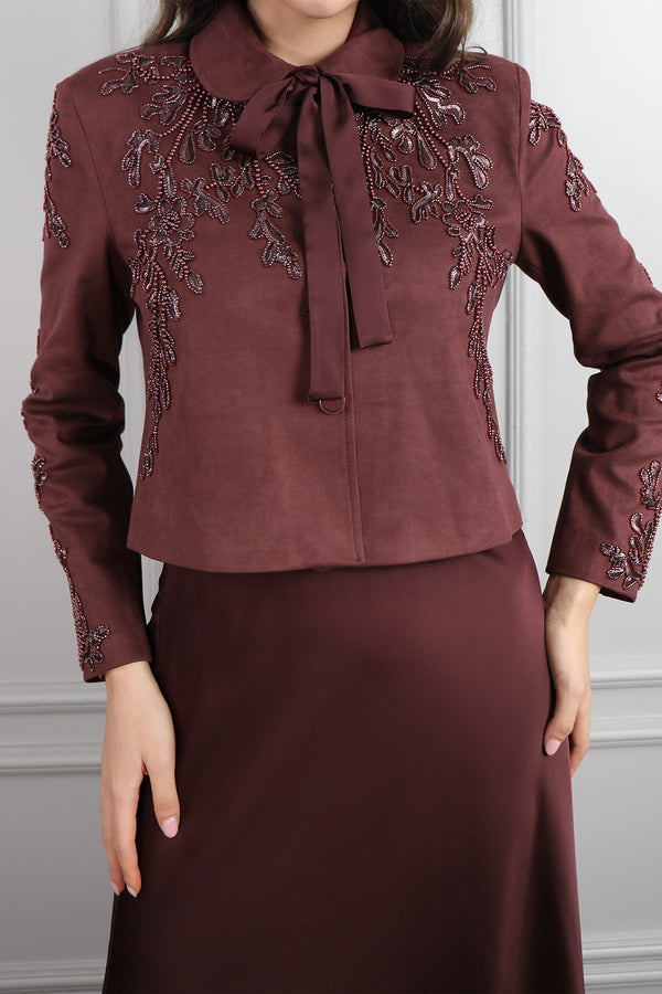 Ceketi Boncuk İşlemeli Saten Etek Takım Bordo